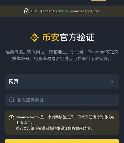 手机浏览器打开的币安官方验证页，有类型下拉框、输入查询条目的搜索框和黄色查询按钮